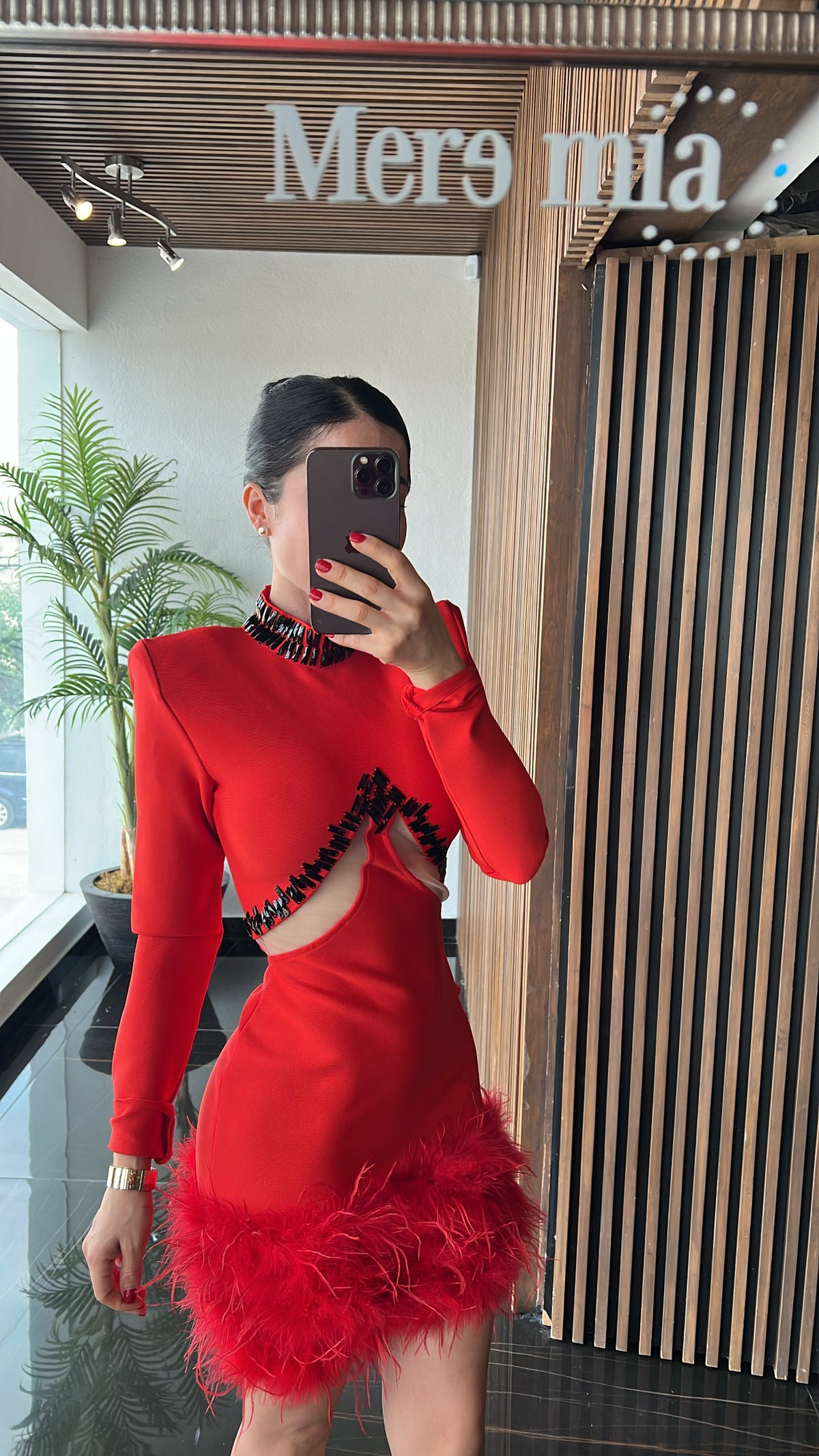 Vestido rojo ml malla plumas apl