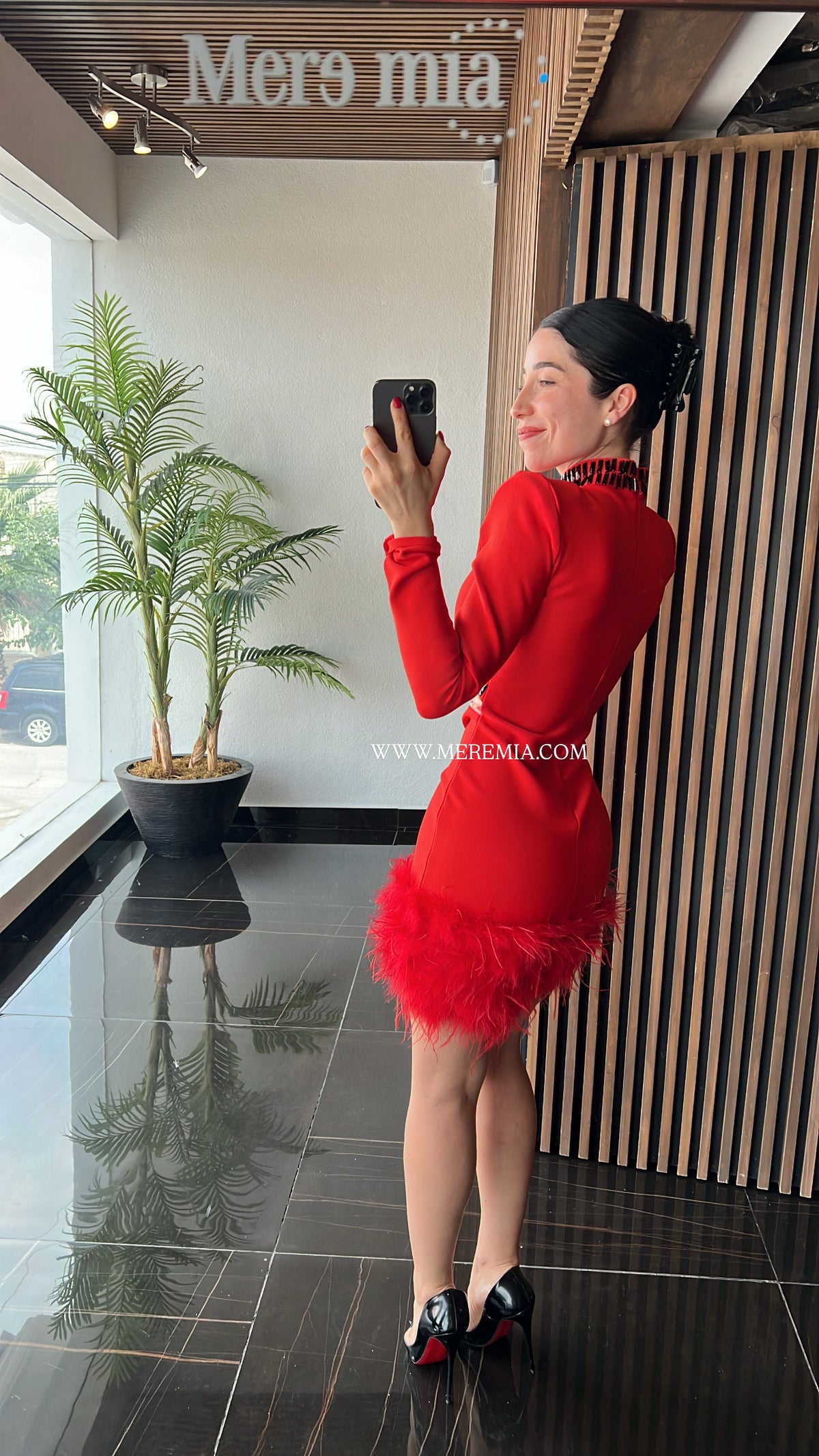 Vestido rojo ml malla plumas apl