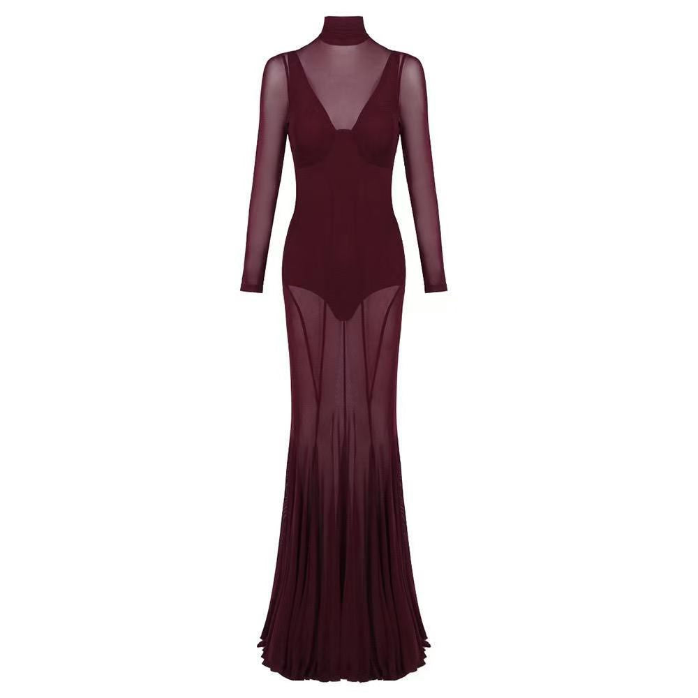 Vestido tinto cuello malla
